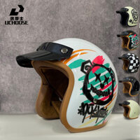 Uchoose Retro Xe Máy Mũ Bảo Hiểm Da PU Mở Mặt 3 / 4 Chopper Xe Đạp Mũ Bảo Hiểm Cổ Điển Casco Moto Vintage