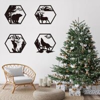 Ude 4 Khung Trang Trí Nai Sừng Tấm Sói Gấu Lục Giác Kim Loại Tường Điêu Khắc Rò Rỉ Đen, Mộc Mạc Trang Trí Rừng Hoang Dã Trang Trí