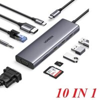 Ugreen 15601 USB-C to 3.5mm no mic + PD power + 3 x USB3.0 + 4k30hz HDMI same time VGA + RJ45 LAN + SD + TF usb type c Multifunction Adapter black CM498