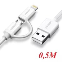 Ugreen 20875 0.5M màu Trắng Cáp sạc đa năng USB sang MicroUSB + Lightning US178