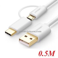 Ugreen 30170 0.5M màu trắng Cáp USB-A sang Micro USB + USB-C cao cấp US142 20030170