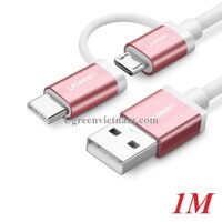 Ugreen 30543 1M màu Hồng Cáp USB-A sang Micro USB + USB-C cao cấp US177 20030543