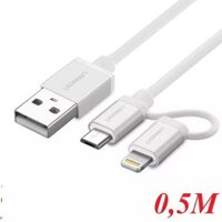 Ugreen 30668 0.5M màu Bạc Cáp sạc đa năng USB sang MicroUSB + Lightning US165