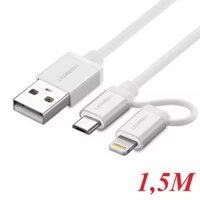 Ugreen 30670 1.5M màu Bạc Cáp sạc đa năng USB sang MicroUSB + Lightning US165