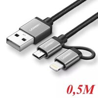 Ugreen 30891 0.5M màu Đen Cáp sạc đa năng USB sang MicroUSB + Lightning US165