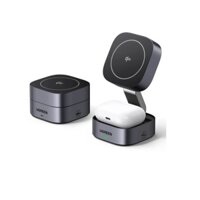 Ugreen 35316 15W chuẩn apple Magsafe Bộ sạc wireless không dây 2 trong 1 màu ghi xám Qi dùng cho điện thoại - tai nghe - đồng hồ W702
