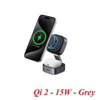 Ugreen 35316 15W chuẩn apple Magsafe Bộ sạc wireless không dây 2 trong 1 màu ghi xám Qi dùng cho điện thoại - tai nghe - đồng hồ W702 10035316