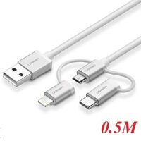 Ugreen 50201 0.5M màu Bạc Cáp sạc đa năng USB sang TypeC + Micro + Lightning US186