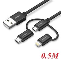 Ugreen 50204 0.5M Màu Đen Cáp sạc đa năng USB sang TypeC + Micro + Lightning có Chip MFI US186