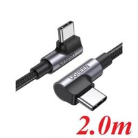 Ugreen 70698 2M 2 đầu bẻ 90 độ vuông góc cáp USB type C màu đen bọc nhôm dây dù chống nhiễu US335