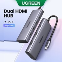 Ugreen Hub HDMI kép 7 trong 1 Type C sang HDMI 5Gbps PD100W 4K @ 30hz Màn hình đơn 1080P @ 60Hz Màn hình kép cho Macbook iPad Huawei Sumsang DELL Điện thoại máy tính bảng PC HP