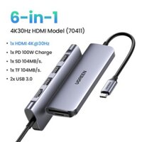 Ugreen HUB USB C HUB 7 Trong 1 4K 30hz 6 Trong 1 Đầu Đọc Thẻ Nhớ HDMI 4K 2 USB 3.0 PD100W hàng chính hãng - 70411 6 IN 1