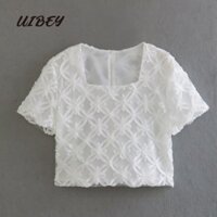 Uibey fashion áo sơ mi ren trơn màu cổ vuông 4603