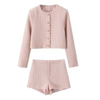 Uibey Thời Trang Cổ Tròn Phong Cách Retro Ngọt Ngào Họa Tiết Lưới Áo Khoác + Quần Short 7626