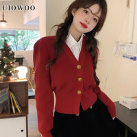 Uiowoo Áo Khoác cardigan Len Đỏ Dáng Ôm Cổ Chữ v Phong Cách preppy Cho Nữ