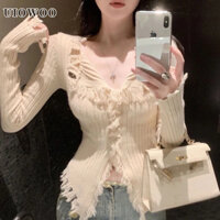 Uiowoo Áo Khoác cardigan Len Cổ Chữ v Dáng Ôm Màu Trơn Sờn Phong Cách Thần Tài Cho Nữ