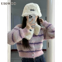 Uiowoo Áo Khoác Len Dài Tay Màu Tím gradient Giả Lông Chồn Cao Cấp Phong Cách Hàn Quốc Mùa Xuân Mới Dành Cho Bạn Nữ kni