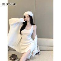 UIOWOO  Set đồ nữ áo khoác cardigan dệt kim + váy yếm ngắn thời trang cho nữ