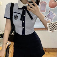 Uiowoo Xiaoyou yoyo Áo Sơ Mi Đồng Phục Học Sinh Nữ Sinh Hàn Quốc Tay Ngắn Màu Xanh Dương Mùa Hè