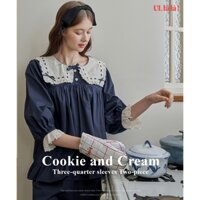 [ULLALA Official Mall] (24127WOFXN) Cookie and Cream Bộ Ngủ Tay Lửng Màu Xanh Navy (40'S) Free Size