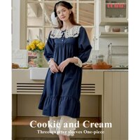 [ULLALA Official Mall] (24127WOFXN) Cookie and Cream Váy Ngủ Tay Lửng Màu Xanh Navy (40'S) Free Size