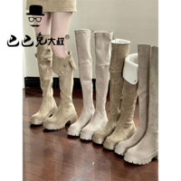 Uncle Buck Retro Hai Cánh Đế Dày Melade Tây Giày Bốt Nữ Mùa Thu Da Lộn Giày Cao Gót Dày Trên Đầu Gối Boot