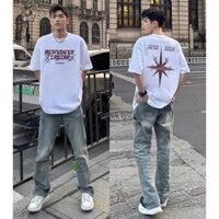 Unisex Chất Lượng 210g Cotton Vintage Phong Cách Đường Phố Quá Khổ In Hình Ngôi Sao Thời Trang Quần Short Tay Áo Thun Cho Nam Nữ Mùa Hè Rời Xu Hướng Cặp Đôi Áo Đen Trắng Đỏ Xám