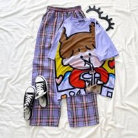 UNISEX - SET ÁO THUN 3D + QUẦN CARO - ÁO THUN TAY LỞ MÀU TÍM + QUẦN CARO MÀU TÍM - PLAID PANTS - QUẦN CARO ULZZANG