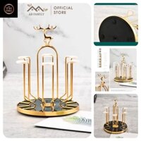 Úp Cốc Xoay 360 Độ Inox Mạ Vàng, Khay Úp Cốc Chén Ly Hình Hươu Sang Trọng