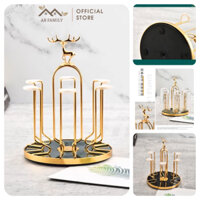 Úp Cốc Xoay 360 Độ Inox Mạ Vàng, Khay Úp Cốc Chén Ly Hình Hươu Sang Trọng