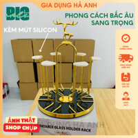 Úp Cốc Xoay 360 Độ Mạ Vàng Kèm Mút Silicon Chống Trơn Trượt, Khay Úp Cốc Chén Ly Kèm Khay Hứng Nước Sang Trọng