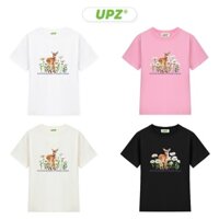 UPZ Áo Thun Baby Tee Cotton Cổ Tròn Nữ Tay Ngắn In Hoạ Tiết Nai Bambi Hoa Cúc (Trắng/ Hồng/ Kem/ Đen)
