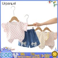 Urparcel set Đồ 2 Món Áo cotton Tay Bay Ngọt Ngào + Quần Short denim Thời Trang Mùa Hè Cho Bé Gái 0-4 Tuổi