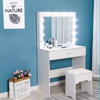 US Fast Shipment Vanity Set with Lighted Mirror w/12 Cool LED Bulbs, Makeup Vanity Dressing Table Dresser Desk with Large Drawer for Bedroom, Cushi...