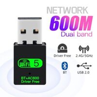 USB thu sóng WiFi 5G + BLUETOOTH 600Mbps , dùng cho PC máy bàn laptop, nhỏ gọn, không dây có driver sẵn cho win 10 11