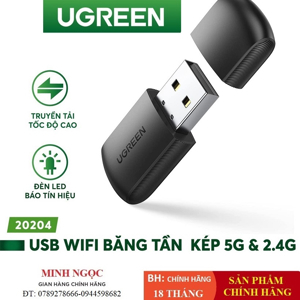 USB thu Wifi băng tần kép AC 2.4G/5G tốc độ 650Mbps Ugreen 20204