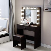 UTPO Vanity Set with Lighted Rectangle Mirror, Home Walnut Wooden Makeup Desk Dressing Table, Cushioned Stool, Large Storage Organizers Drawers