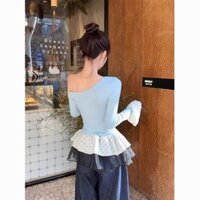 Ưu đãi đặc biệt Áo F&X kèm chân váy [2126 người đã thu thập] Áo hai mảnh giả lưới chấm bi dài tay cho phụ nữ, áo cơ bản mùa xuân, áo vai bất đối xứng