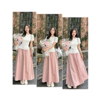 [[Uyên Shop]] Sét Váy Nàng Thơ Gồm Áo Babytee Màu Trắng+ Chân Váy Dáng Dài Chất Thô