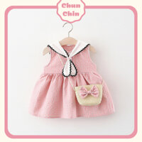 V016 Chun Chin | Váy Thuỷ Thủ Caro Hồng Kèm Túi Nơ Cho Bé Gái 7-15kg