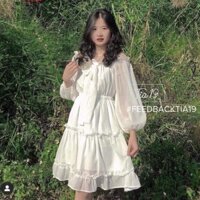 V023 Váy trắng trễ vai 2 lớp tay bồng nơ ngực dáng xòe bánh bèo công chúa Đầm tiểu thư lolita 2 tầng dự tiệc dễ thương