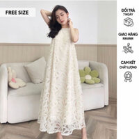 [V061] Váy Maxi Đi Biển Cổ Yếm Chất Ren 2 Lớp Sang Chảnh - Đầm Váy Freesize Cho Mẹ Bầu Và Người Béo Mập