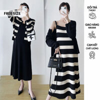 [V086] SET VÁY ĐẦM LEN QUẢNG CHÂU CAO CẤP GỒM VÁY 2 DÂY VÀ ÁO KHOÁC CARDIGAN - ĐẦM BẦU TRƯỚC VÀ SAU SINH FREESIZE