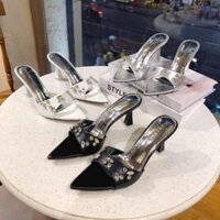 V2 Guốc cao gót mũi nhọn đính charm đá, guốc xinh đi tiệc siêu sang gót nhọn cao gót nữ hot hất hiện nay