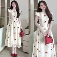 V2042 Đầm Nữ Thiết Kế Cổ Trước Dây Kéo Khóa Tay Bồng Họa Tiết Hoa Đỏ Chiết Eo Xếp Ly Dáng Dài Cách Điệu - Thanh Tự