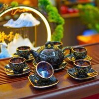 (V24K) Bộ Ấm Chén Quả Hồng Hoàng Kim Sa Viền Vàng 24K Nghệ nhân Nguyễn Văn Hải - Ấm chén Bát Tràng - Gốm Sứ Luxury
