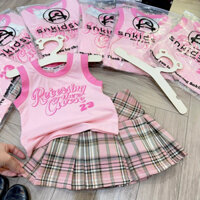 V26 set váy xinh bé gái áo cotton ba lỗ phối chân váy kẻ caro xếp li 9-28kg
