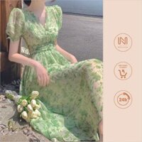 V32 - Váy xòe cổ V nhún eo xanh lá nhạt