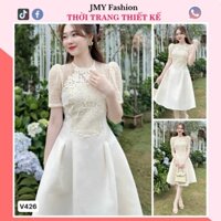 V426 Váy đầm tafta kem phối ren lưới dáng A xòe sang chảnh [TH Hà Thanh] váy kem kết ren nổi dự tiệc