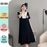 V428 BẦU XINH] VÁY ĐẦM BẦU TIỂU THƯ SANG CHẢNH-VÁY BẦU THIẾT KẾ BABAYDOLL CỔ SƠ MI KÈM NƠ TRẮNG CHÂN XẾP LY ĐẸP